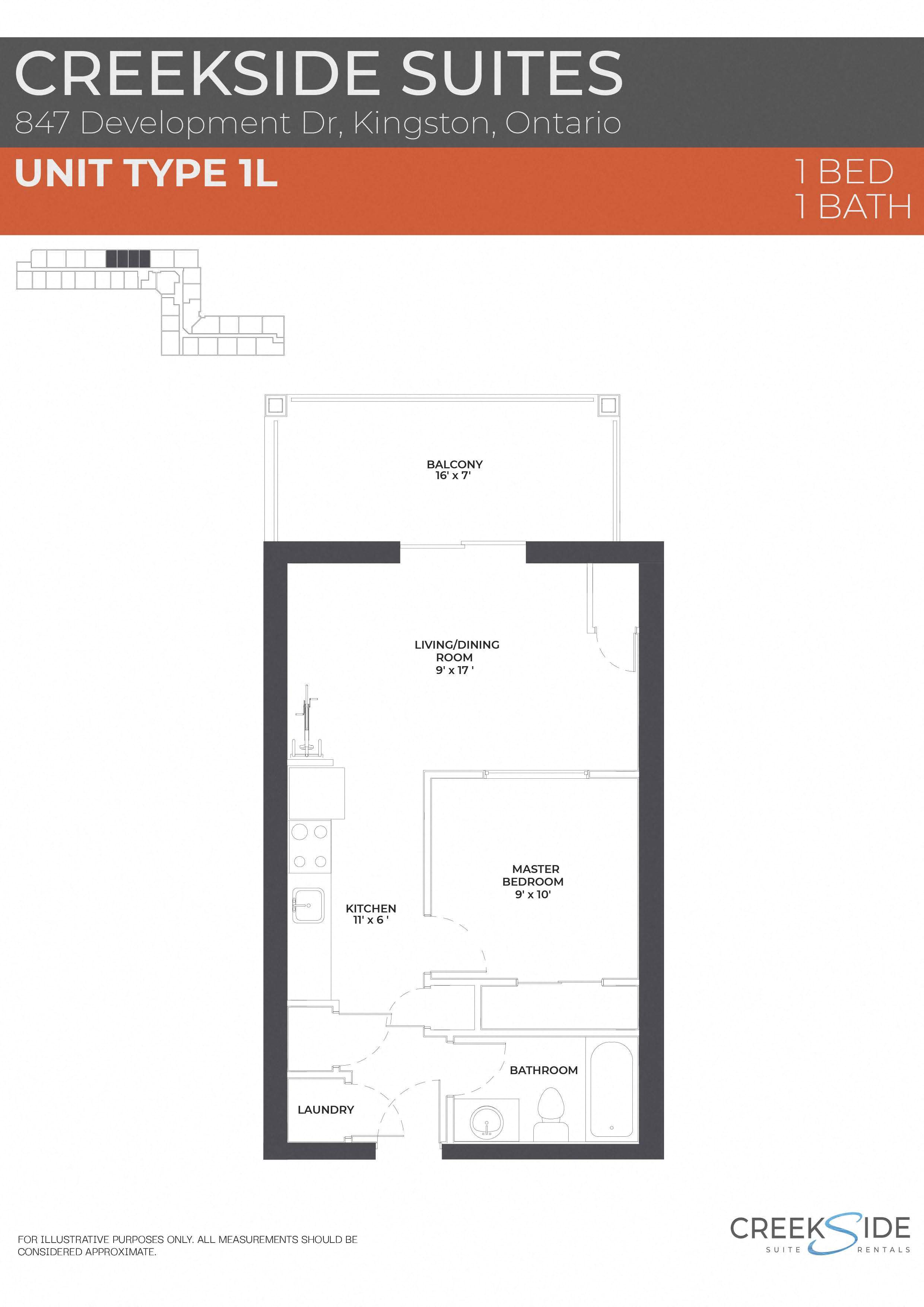 Floor plan for 1 bed, 1 bath, 519 sqft